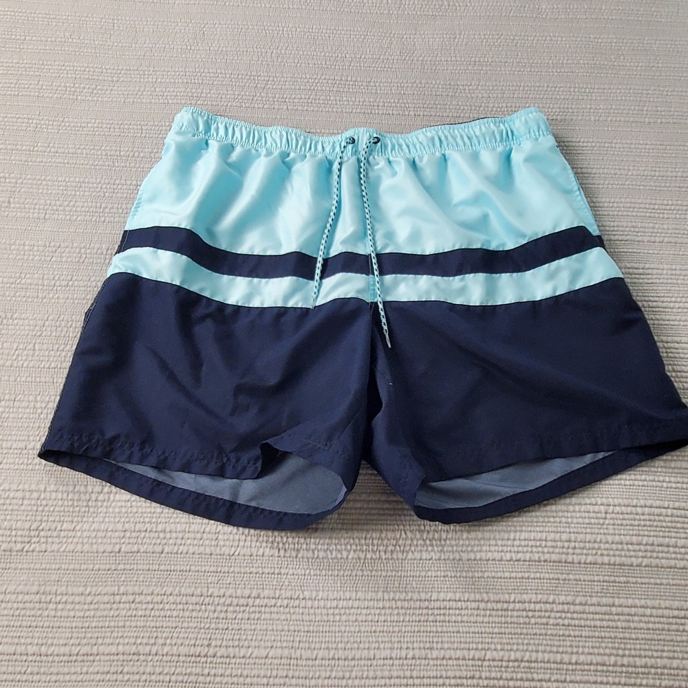 Mens Colorblock Swim Trunks Blue Navy Elastic Waist Mesh Lined Shorts